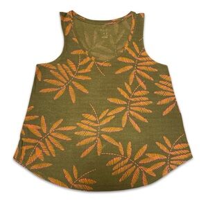 Vintage Cotton neon pink orange tropical leaves Olive Green tank Top medium